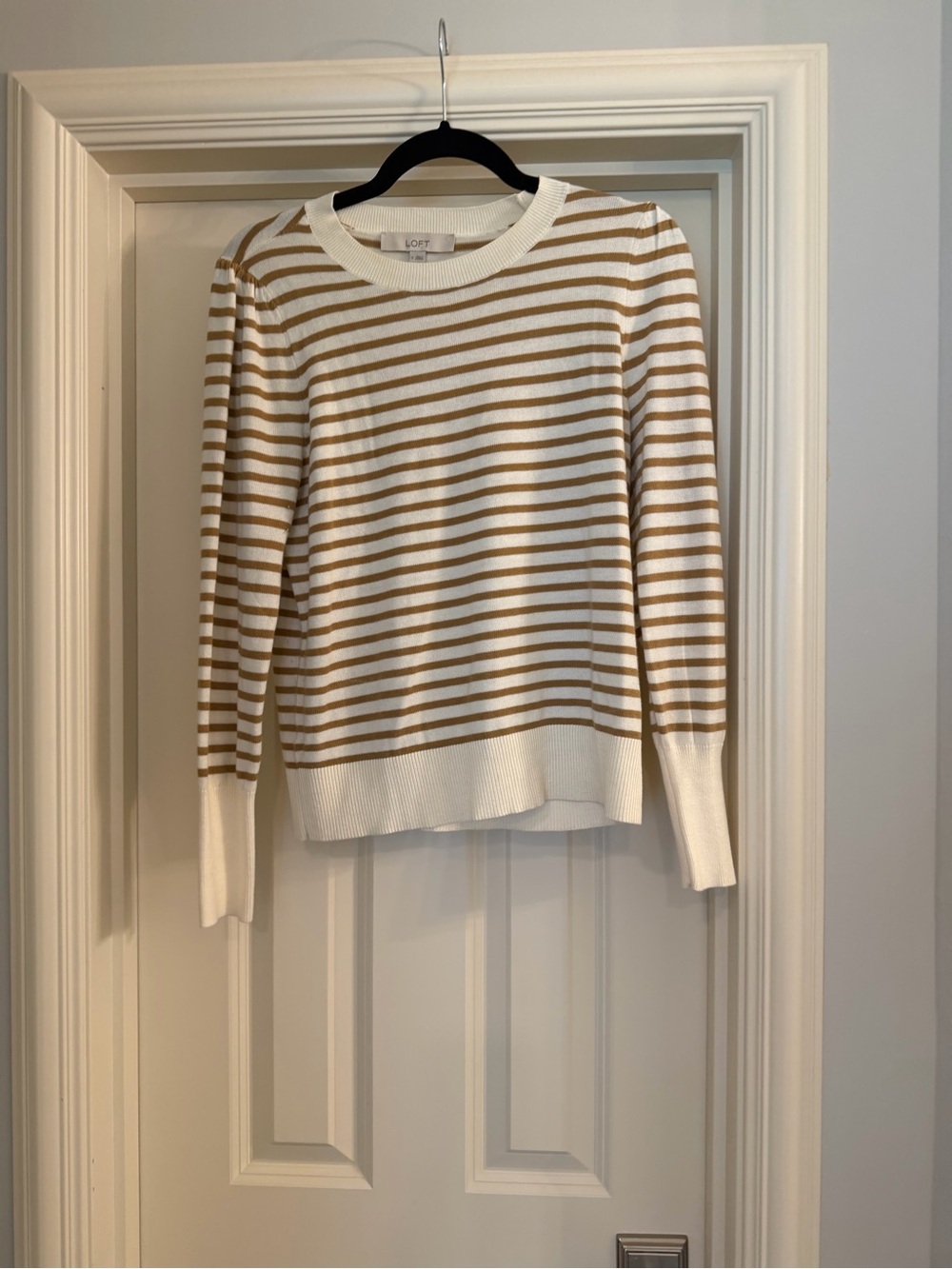 LOFT White and Camel Striped Lightweight Crewneck Sweater